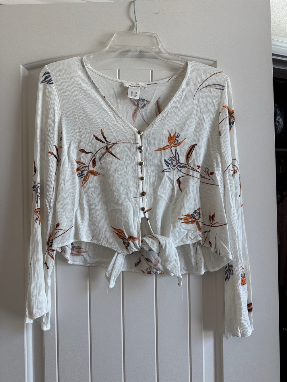 URBAN Romantics White Button-Front Floral Tie Top with Orange & Navy Accents